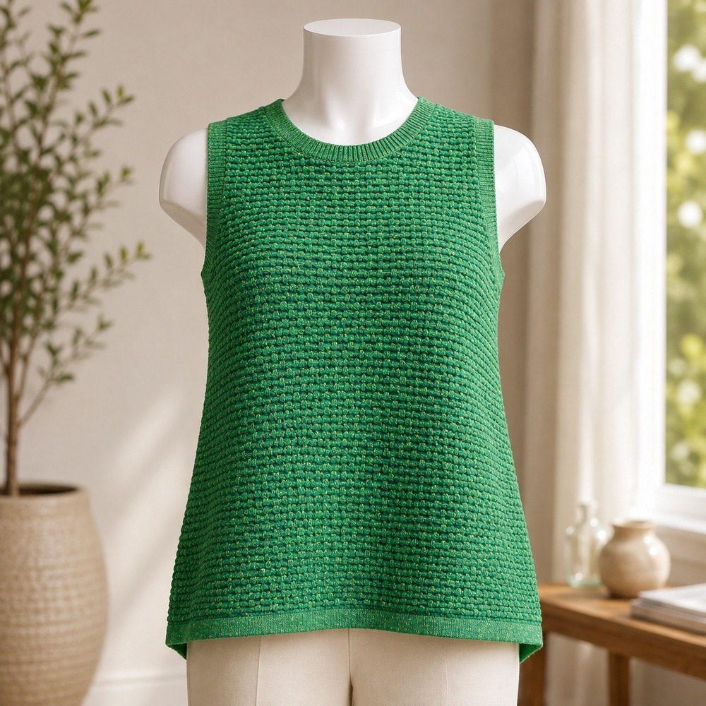 Stacy London Sweater Vest Womens Medium Green Gold Metallic Basketweave Knit